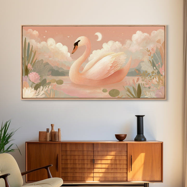 Pink Swan on Calm Pond Canvas Print, Nursery Decor, Wall Decal, Fine Art, Nursery, Wall Light, Baby Girl Nursery Decor, NDE-2x1-57