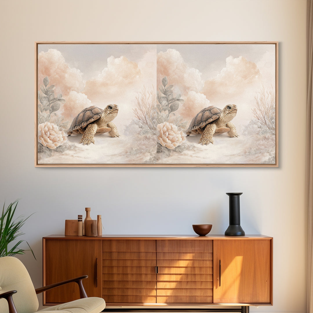 Tiny Turtle with Sea Plants Canvas Print, Nursery Decor, Floral Wall Art, Fine Art, Nursery, Gallery Decor, Neutral Decor, NDE-2x1-63