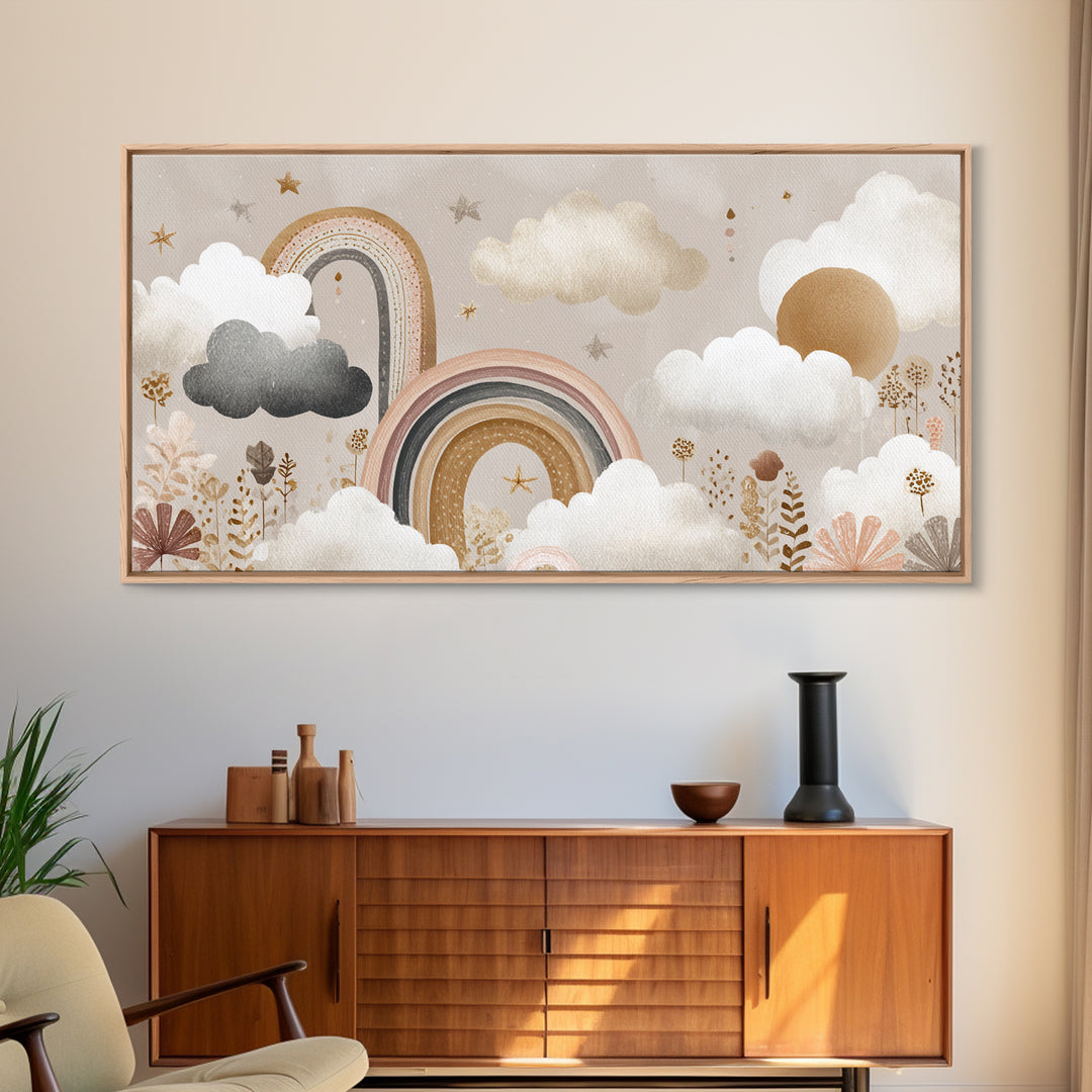 Cloud Rainbow and Raindrop Composition Canvas Print, Nursery Decor, Framed Wall Art, Fine Art, Nursery, Safari Nursery Decor, NDE-2x1-64