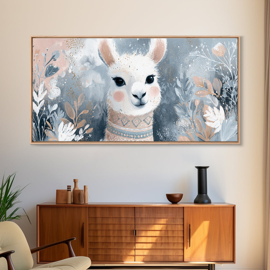 Cute Llama with Blanket Pattern Framed Canvas Print, Nursery Decor, Wall Decals, Abstract Art, Nursery, Girl Nursery Decor, NDE-2x1-65