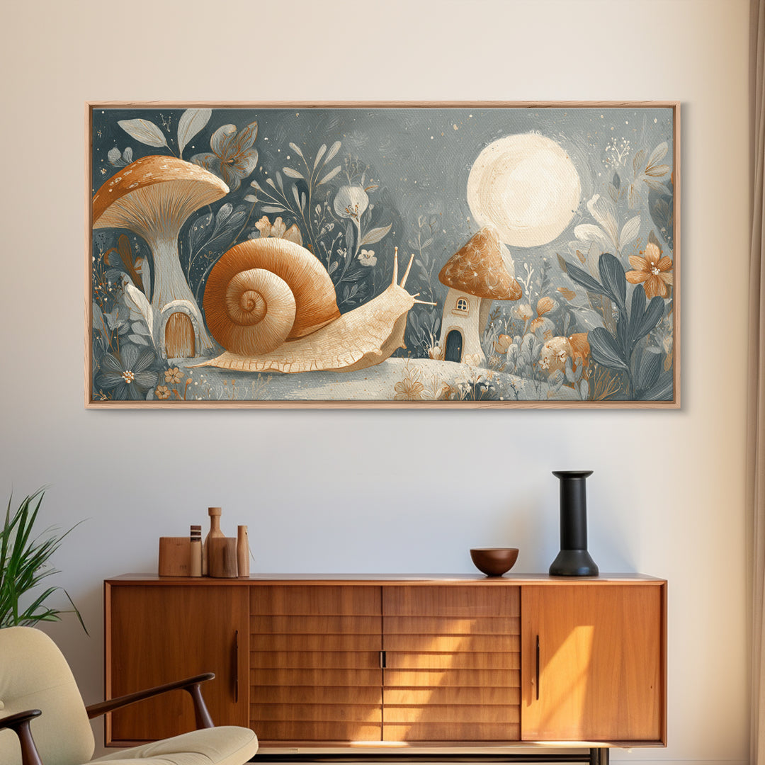 Garden Snail with Mushroom House Framed Canvas Print, Nursery Decor, Gallery Decor, Fine Art, Nursery, Wall Art, Home Decor, NDE-2x1-67