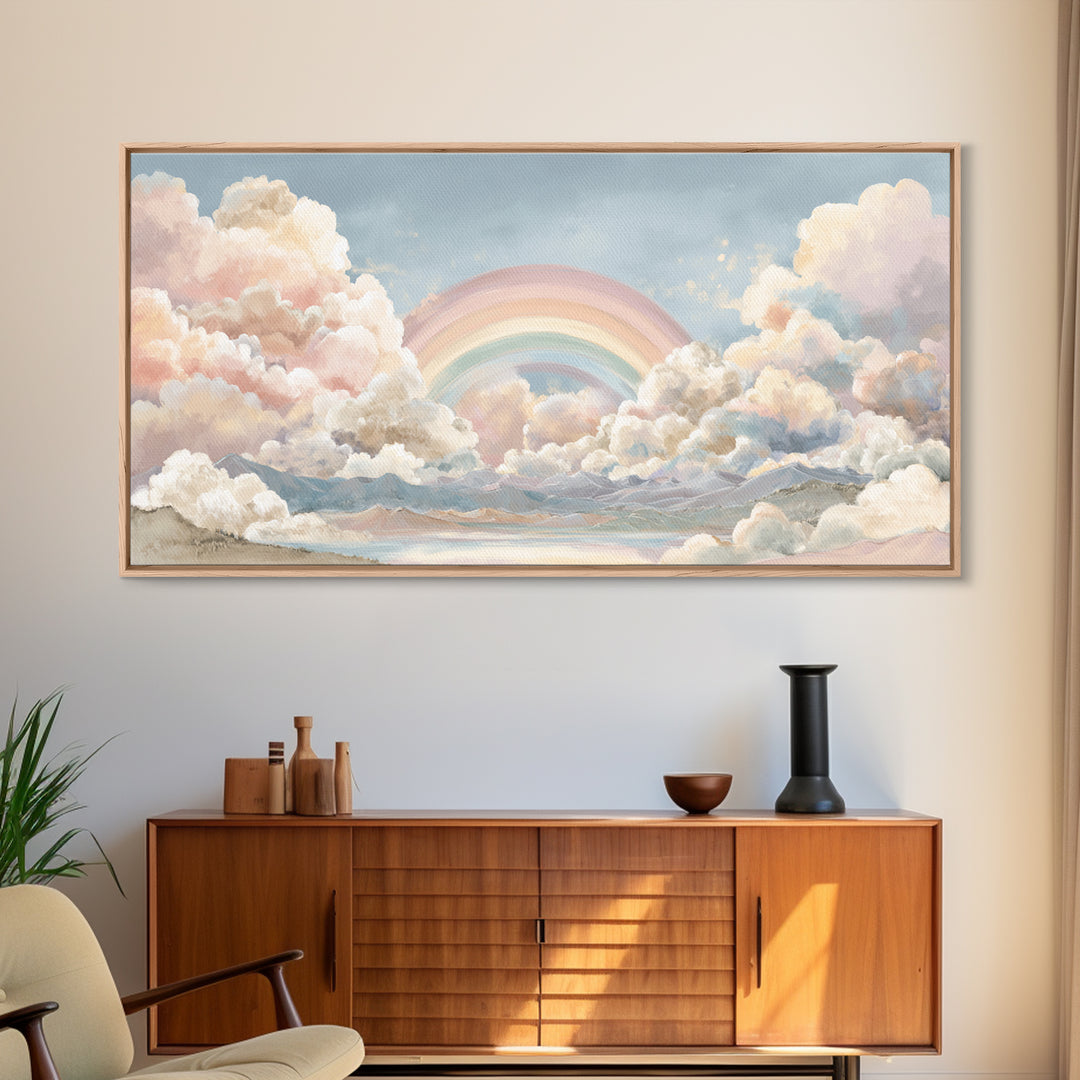 Pastel Rainbow with Soft Cloud Shapes Canvas Print, Nursery Decor, Floral Wall Art, Abstract Art, Nursery, Gallery Decor, NDE-2x1-69