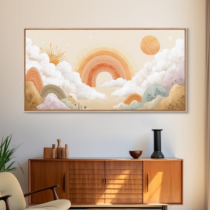Neutral Boho Sun and Arch Shapes Framed Canvas Print, Nursery Decor, Canvas, Abstract Art, Nursery, Playroom Decor, NDE-2x1-7