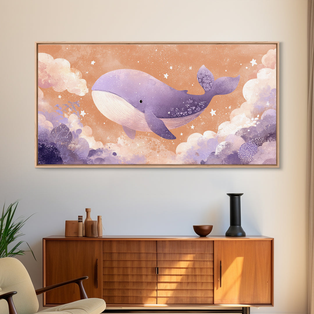 Baby Whale Swimming Through Stars Canvas Print, Nursery Decor, Nursery Prints, Fine Art, Nursery, Nursery Wall Decal, NDE-2x1-76