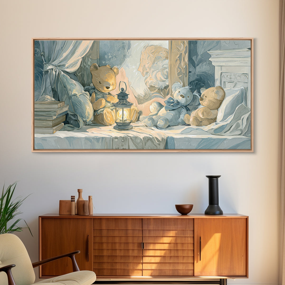 Storybook Bear with Little Lantern Canvas Print, Nursery Decor, Wall, Oil Painting, Nursery, Nursery Wall Decals, NDE-2x1-77
