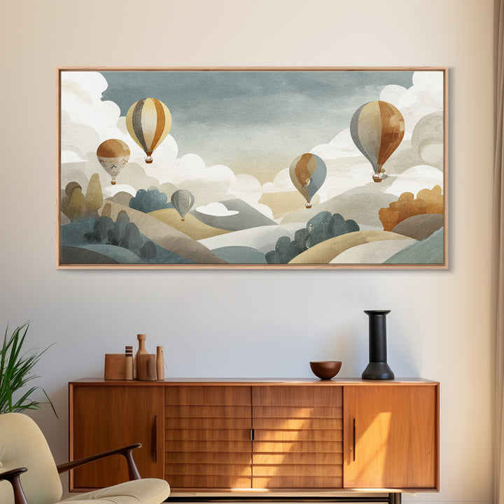 Hot Air Balloon Drifting Framed Canvas Print, Nursery Decor, Playroom Decor, Nursery, Boy Nursery Decor, Gallery Decor, NDE-2x1-80
