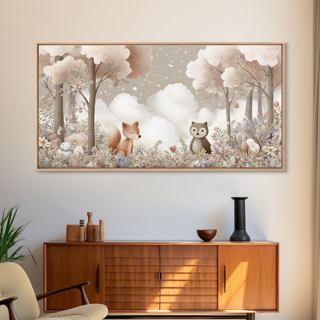 Fox and Owl Friends Canvas Print, Nursery Decor, Canvas, Fine Art, Nursery, Playroom Decor, Floral Wall Art, Botanical Wall Art, NDE-2x1-82
