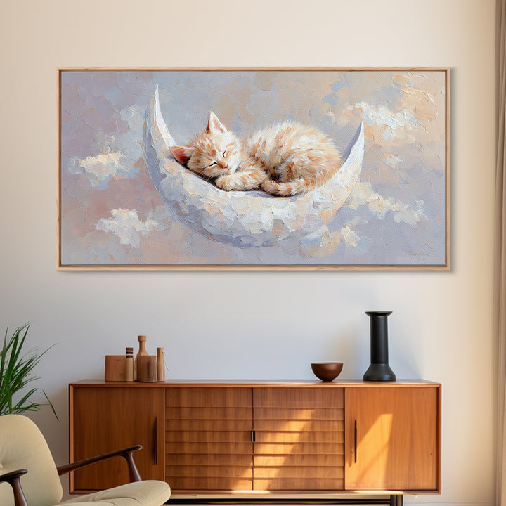 Sleeping Kitten on Crescent Moon Framed Canvas Print, Nursery Decor, Nursery Prints, Fine Art, Nursery, Nursery Wall Decal, NDE-2x1-85