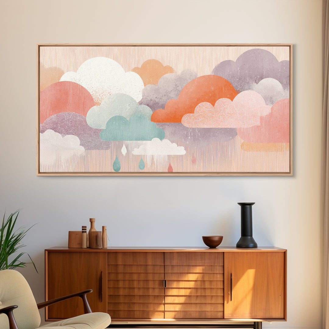 Cloud Rainbow and Raindrop Composition Framed Canvas Print, Nursery Decor, Nursery Art, Fine Art, Nursery, Kids Wall Art, NDE-2x1-88