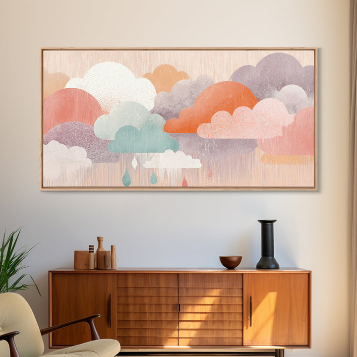 Cloud Rainbow and Raindrop Composition Framed Canvas Print, Nursery Decor, Nursery Art, Fine Art, Nursery, Kids Wall Art, NDE-2x1-88