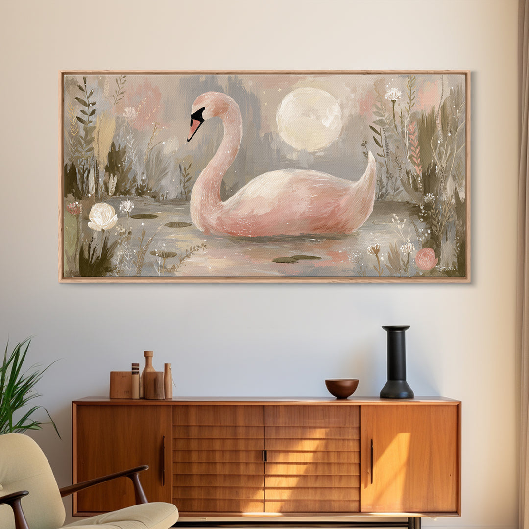 Pink Swan on Calm Pond Framed Canvas Print, Nursery Decor, Printable Wall Art, Nursery, Nursery Prints, Playroom Decor, NDE-2x1-9