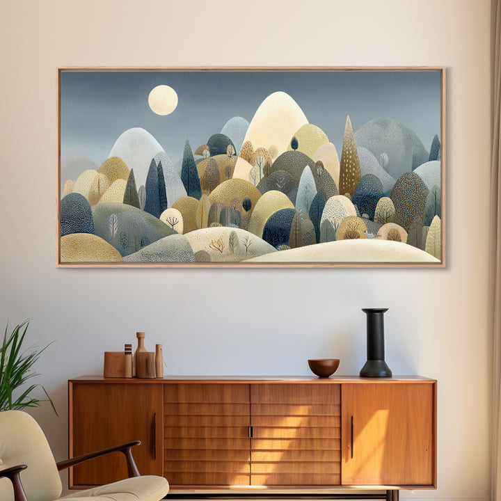 Calm Mountain Nursery Landscape Framed Canvas Print, Nursery Decor, Wall, Nursery, Nursery Wall Decals, Woodland Nursery, NDE-2x1-92