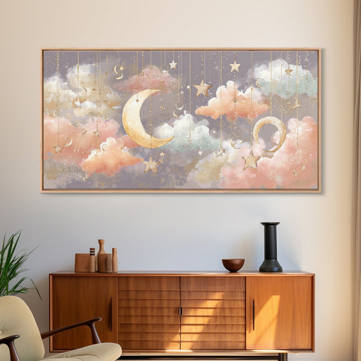 Moon Phase Mobile Framed Canvas Print, Nursery Decor, Neutral Decor, Fine Art, Nursery, Home Decor, Wall Decor, Art Print, NDE-2x1-95