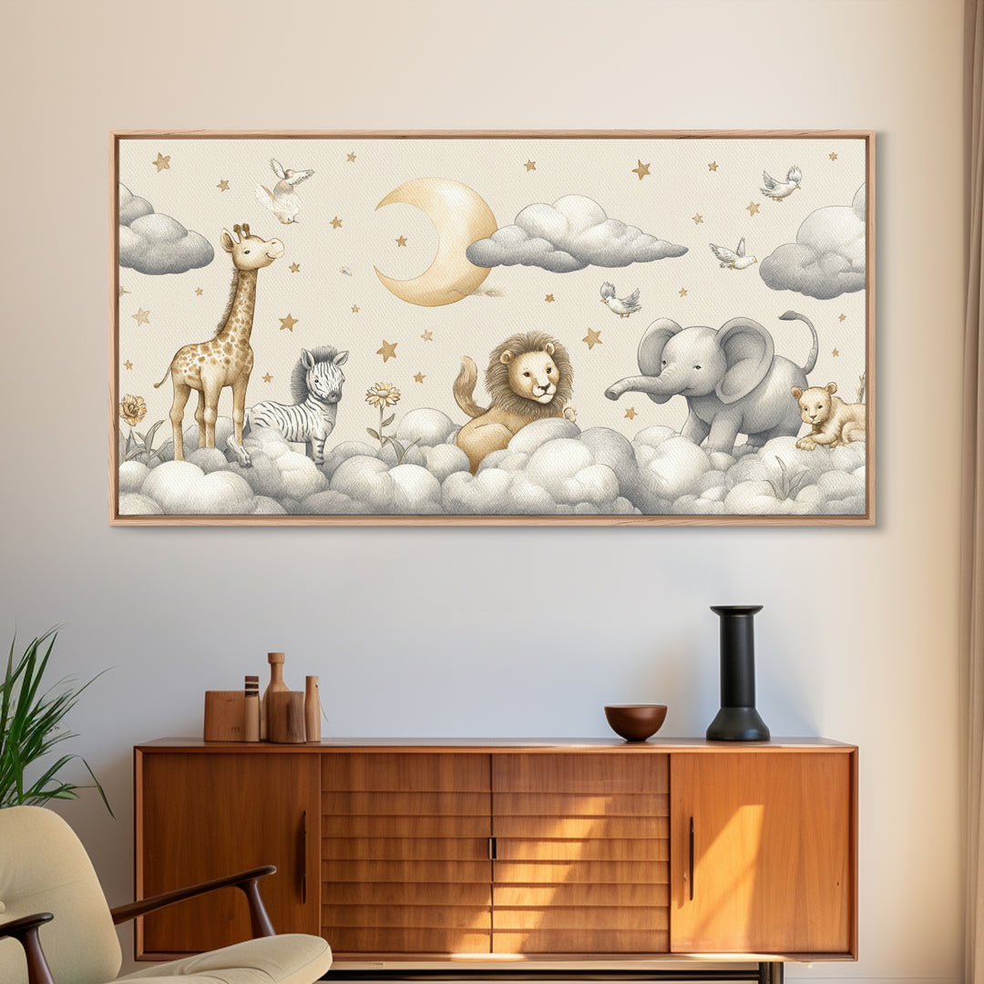 Cute Safari Animals Framed Canvas Print, Nursery Decor, Floral Wallpaper, Oil Painting, Nursery, Fine Art Print, NDE-2x1-96