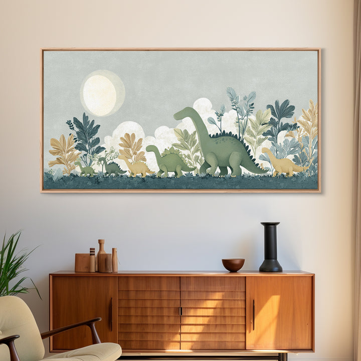Gentle Dinosaur Family Framed Canvas Print, Nursery Decor, Floral Wall Art, Fine Art, Nursery, Gallery Decor, Neutral Decor, NDE-2x1-99