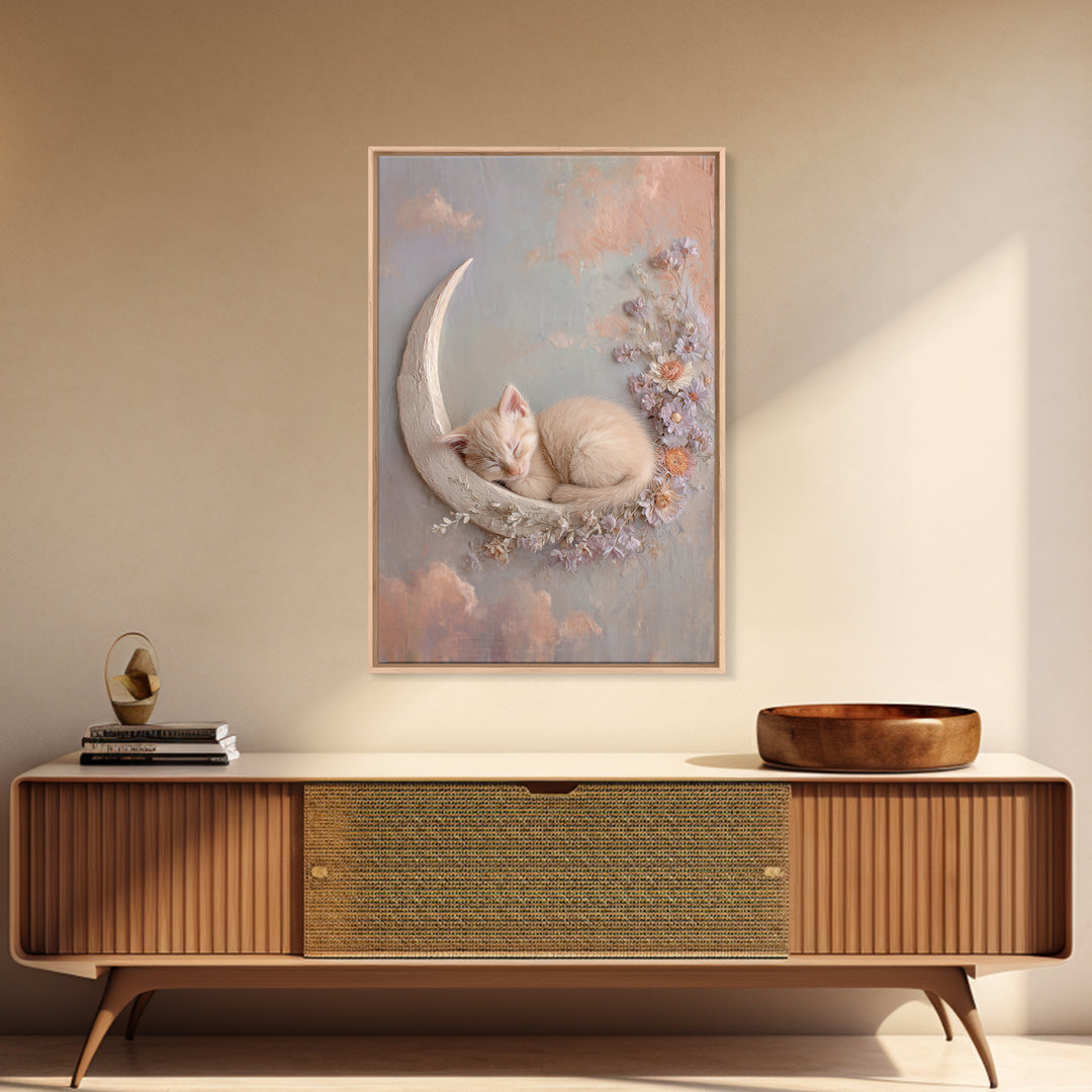 Sleeping Kitten on Crescent Moon Framed Canvas Print, Nursery Decor, Framed Wall Art, Fine Art, Nursery, Safari Nursery Decor, NDE-2x3-1