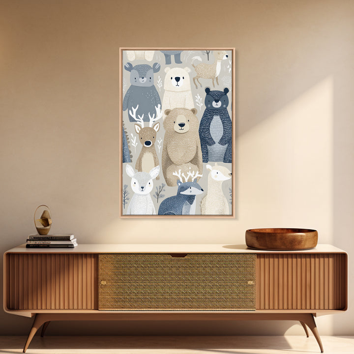 Woodland Animal Parade Framed Canvas Print, Nursery Decor, Canvas, Fine Art, Nursery, Playroom Decor, Floral Wall Art, NDE-2x3-34