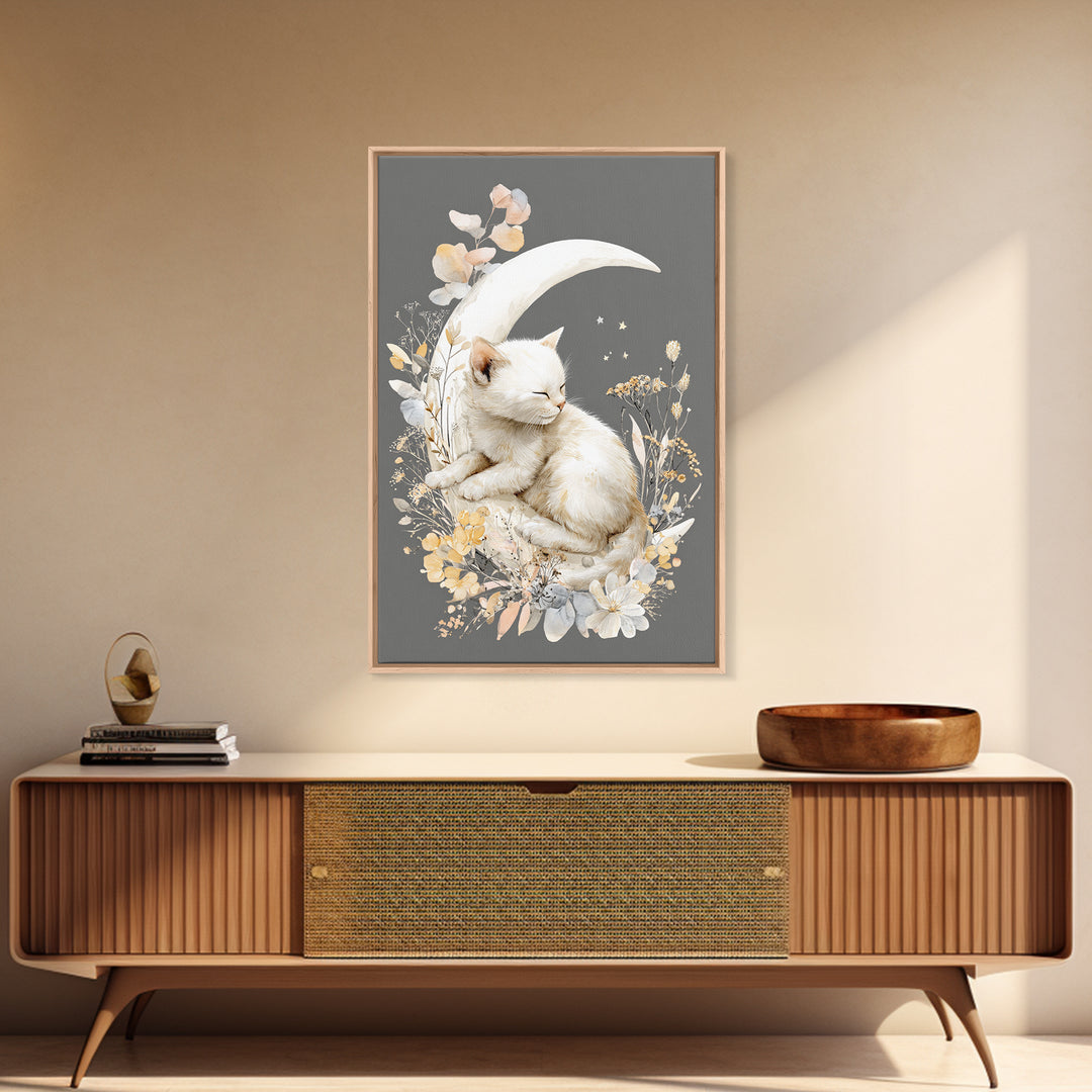 Sleeping Kitten on Crescent Moon Canvas Print, Nursery Decor, Nursery Art, Nursery, Kids Wall Art, Nursery Wall Decals, NDE-2x3-49
