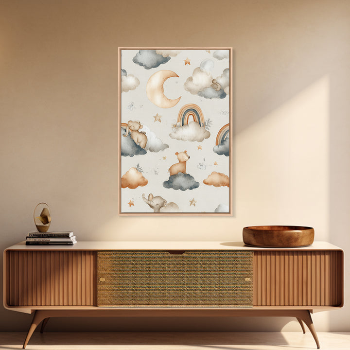 Cloud Rainbow and Raindrop Composition Framed Canvas Print, Nursery Decor, Wall Decor, Nursery, Woodland Nursery Decor, NDE-2x3-52