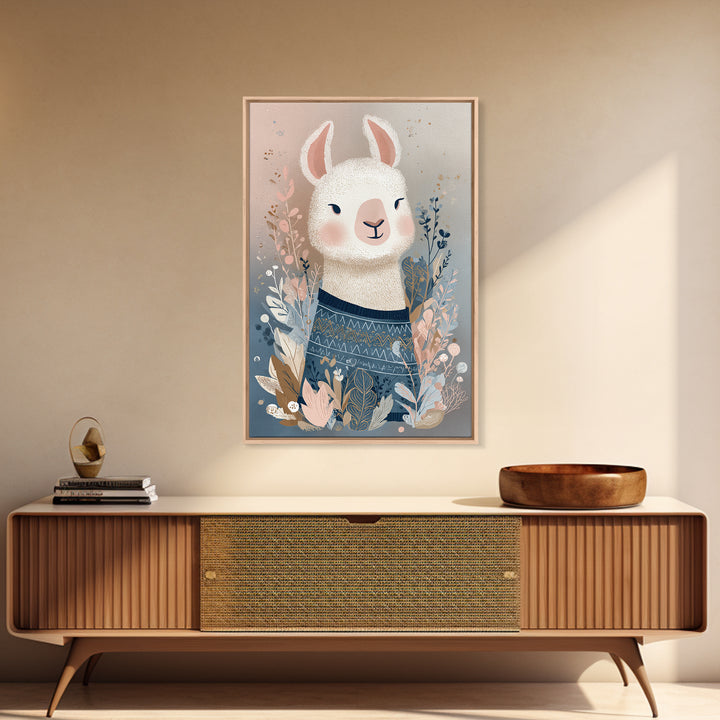 Cute Llama with Blanket Pattern Framed Canvas Print, Nursery Decor, Wall, Oil Painting, Nursery, Nursery Wall Decals, NDE-2x3-53