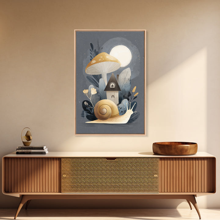 Garden Snail with Mushroom House Framed Canvas Print, Nursery Decor, Framed Wall Art, Oil Painting, Nursery, NDE-2x3-55