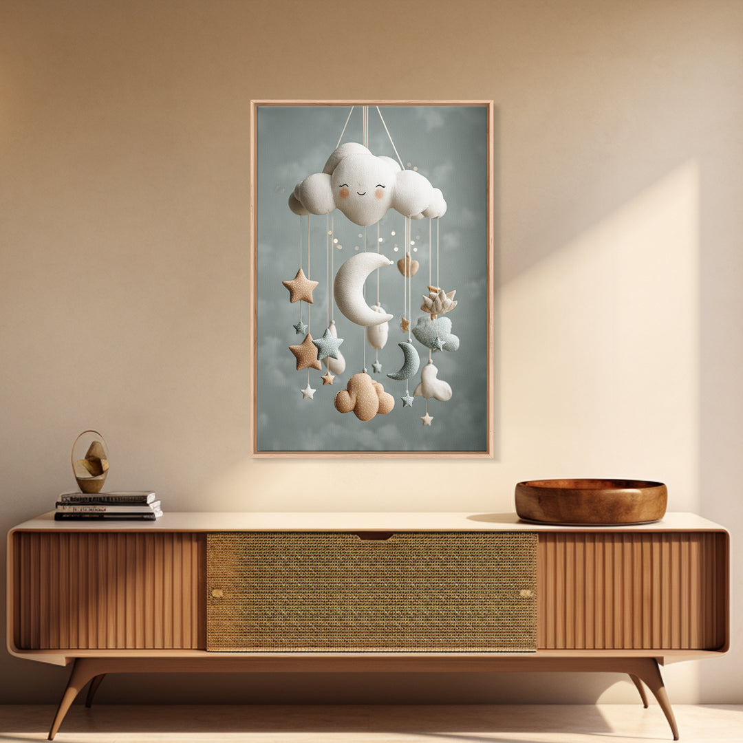 Moon Phase Mobile Framed Canvas Print, Nursery Decor, Wall, Oil Painting, Nursery, Nursery Wall Decals, Woodland Nursery, NDE-2x3-59