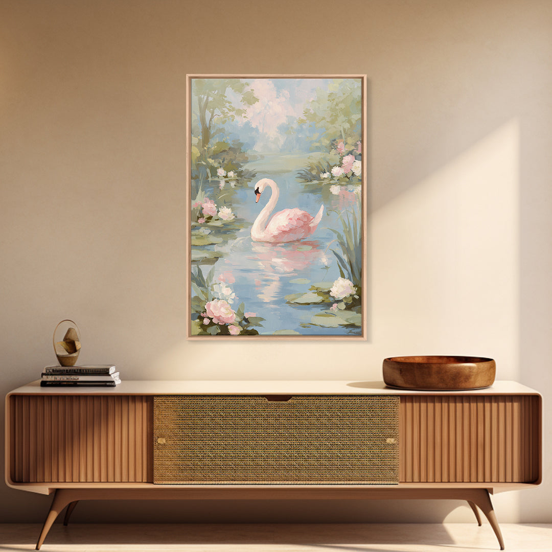 Pink Swan on Calm Pond Framed Canvas Print, Nursery Decor, Floral Wall Art, Fine Art, Nursery, Gallery Decor, Neutral Decor, NDE-2x3-69