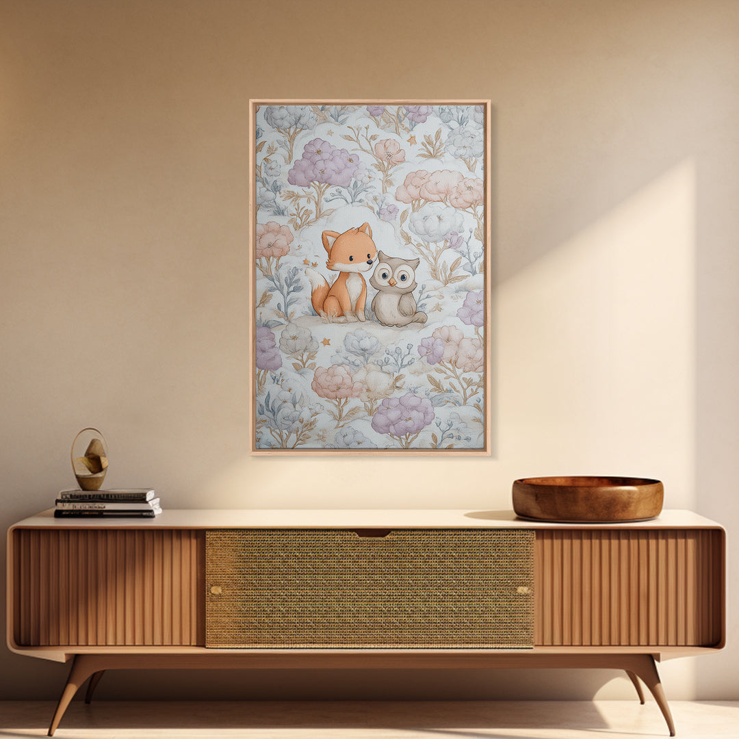Fox and Owl Friends Canvas Print, Nursery Decor, Framed Wall Art, Oil Painting, Nursery, Safari Nursery Decor, Floral Wallpaper, NDE-2x3-70