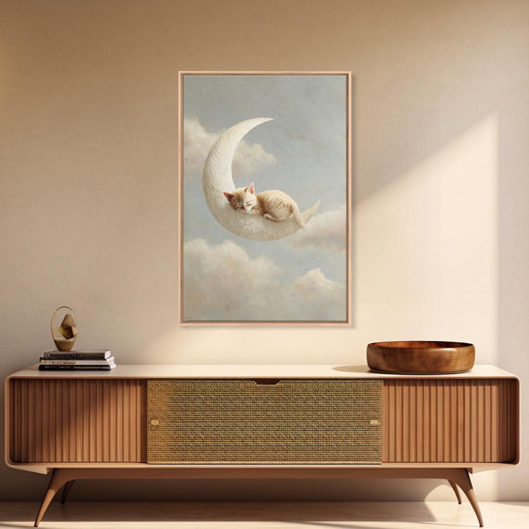 Sleeping Kitten on Crescent Moon Framed Canvas Print, Nursery Decor, Botanical Wall Art, Fine Art, Nursery, Neutral Decor, NDE-2x3-73