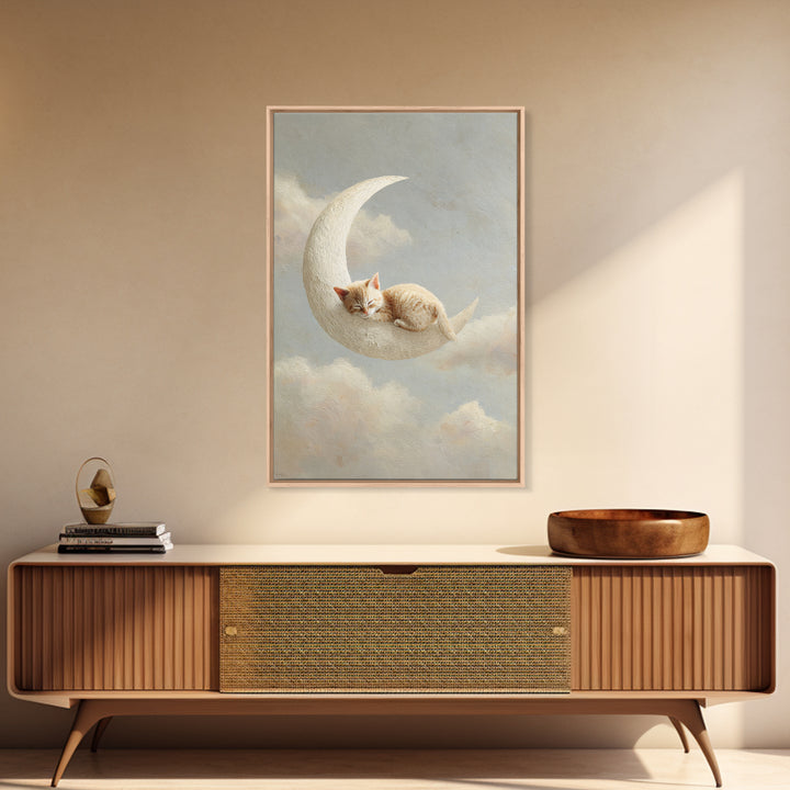 Sleeping Kitten on Crescent Moon Framed Canvas Print, Nursery Decor, Botanical Wall Art, Fine Art, Nursery, Neutral Decor, NDE-2x3-73