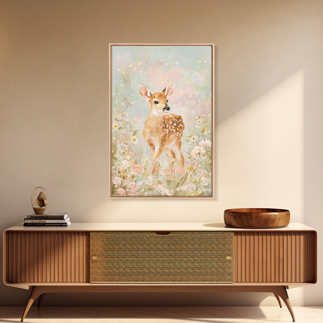 Baby Deer in Meadow with Fireflies Framed Canvas Print, Nursery Decor, Wall Decal, Nursery, Wall Light, Girl Nursery Decor, NDE-2x3-78