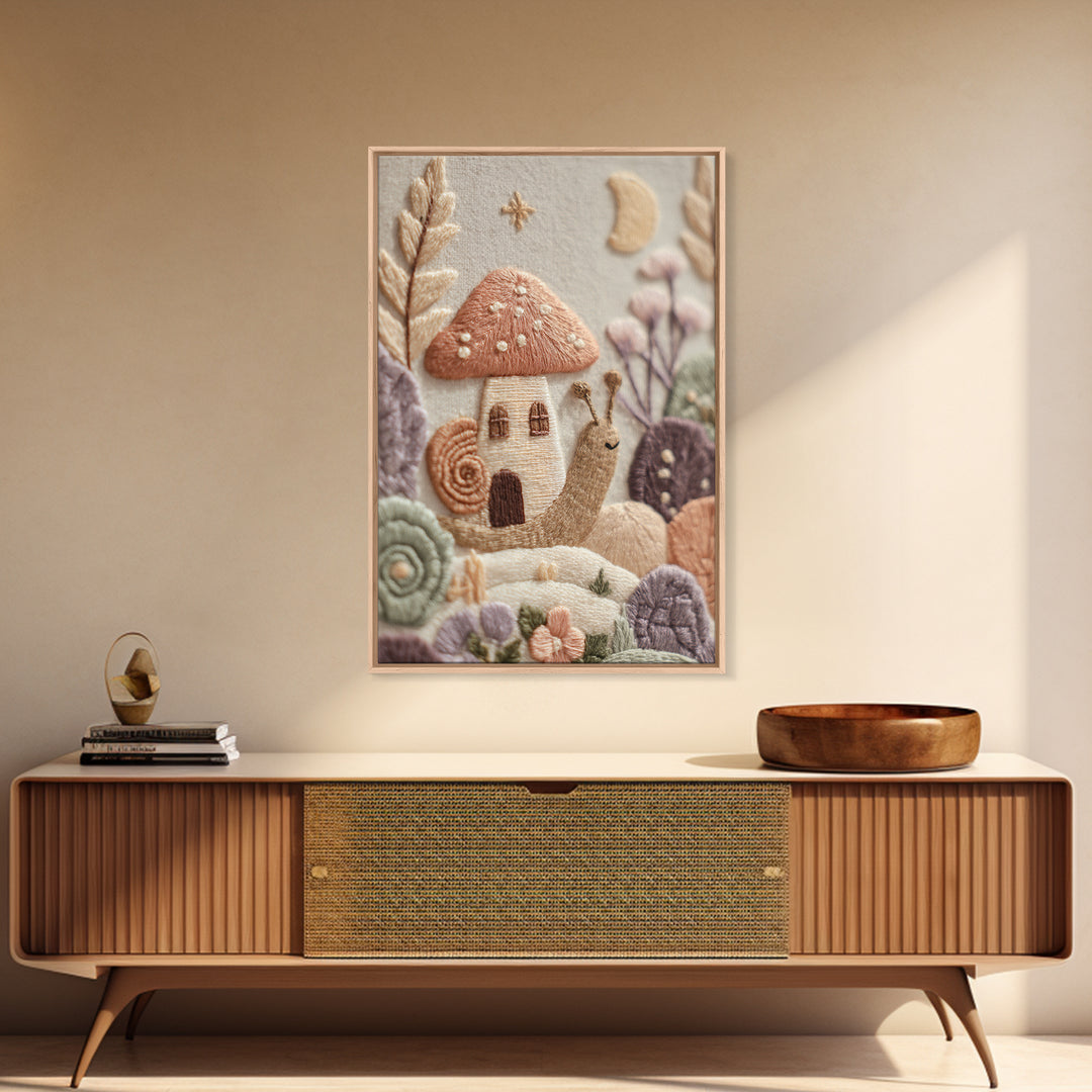 Garden Snail with Mushroom House Canvas Print, Nursery Decor, Nursery Art, Watercolor Art, Nursery, Kids Wall Art, NDE-2x3-79