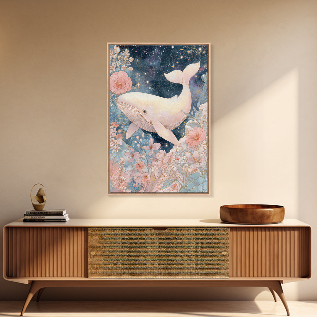 Baby Whale Swimming Through Stars Framed Canvas Print, Nursery Decor, Nursery Prints, Fine Art, Nursery, Nursery Wall Decal, NDE-2x3-88
