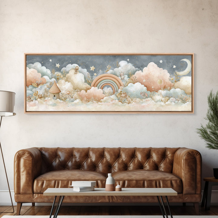 Cloud Rainbow and Raindrop Composition Framed Canvas Print, Nursery Decor, Nursery Name Sign, Fine Art, Nursery, Luxury Decor, NDE-3x1-12