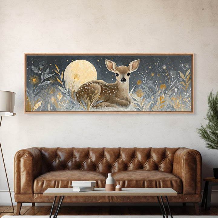 Baby Deer in Meadow with Fireflies Canvas Print, Nursery Decor, Modern Decor, Fine Art, Nursery, Wall Decor, Art Print, NDE-3x1-14