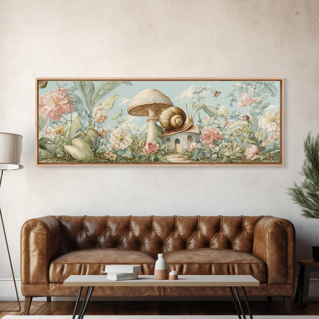 Garden Snail with Mushroom House Framed Canvas Print, Nursery Decor, Gallery Decor, Fine Art, Nursery, Wall Art, Home Decor, NDE-3x1-15