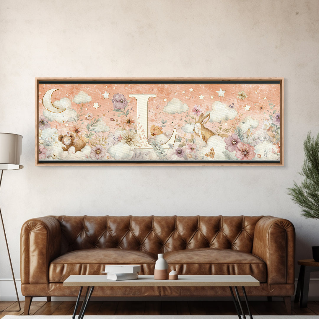 Soft Floral Initial Frame Without Letters Canvas Print, Nursery Decor, Woodland Nursery Decor, Nursery, Nursery Wall Decal, NDE-3x1-26
