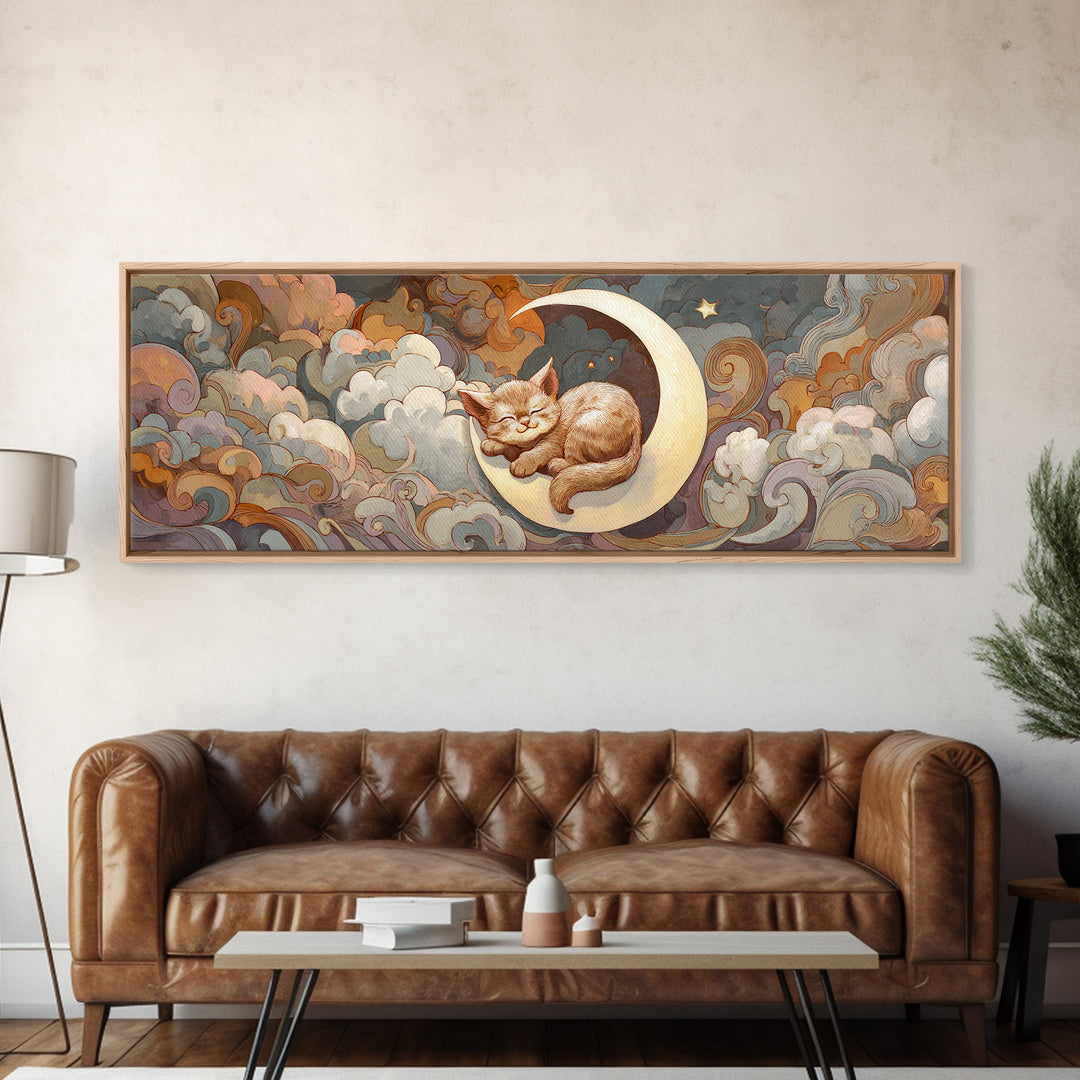 Sleeping Kitten on Crescent Moon Canvas Print, Nursery Decor, Wall Light, Fine Art, Nursery, Statement Artwork, Boho Decor, NDE-3x1-33