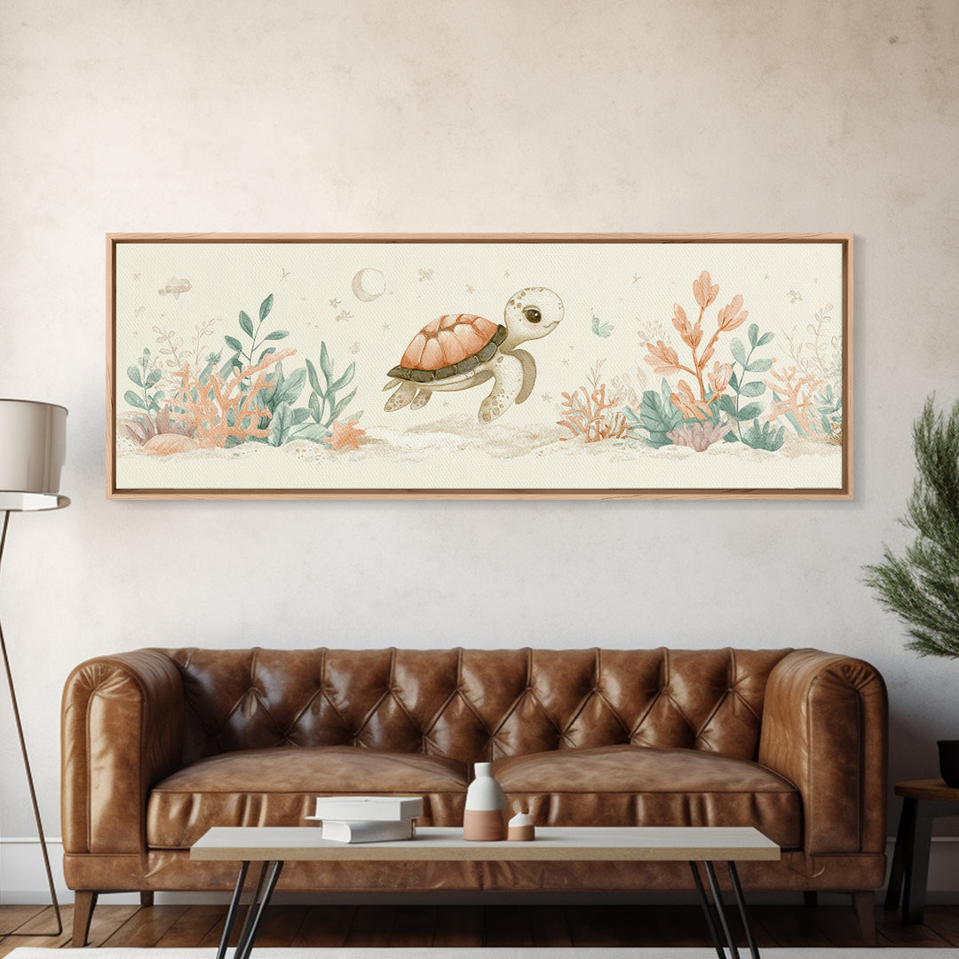 Tiny Turtle with Sea Plants Canvas Print, Nursery Decor, Minimalist Decor, Fine Art, Nursery, Wall Decals, Nursery Wall Decor, NDE-3x1-35