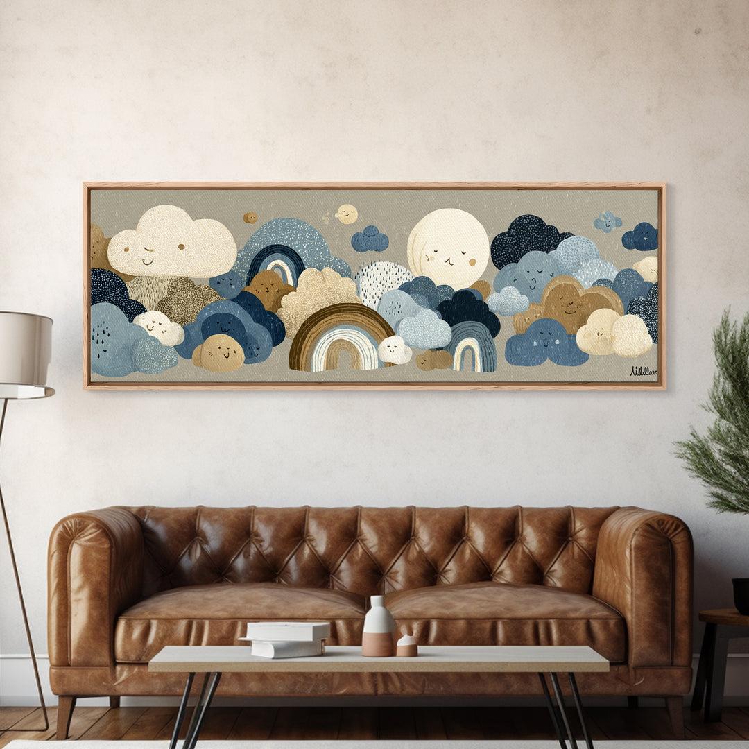 Cloud Rainbow and Raindrop Composition Canvas Print, Nursery Decor, Gallery Decor, Fine Art, Nursery, Wall Art, Home Decor, NDE-3x1-36