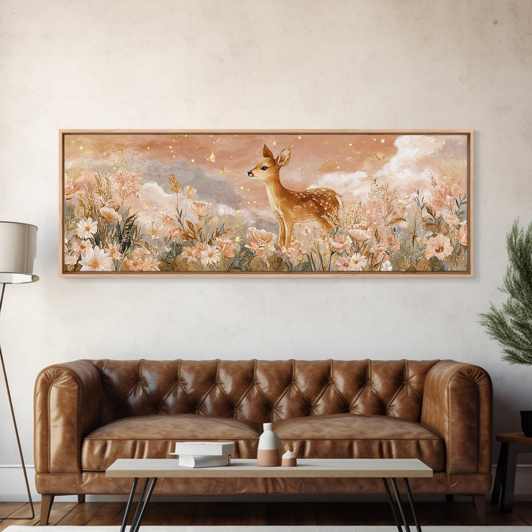 Baby Deer in Meadow with Fireflies Canvas Print, Nursery Decor, Nursery Wall Decor, Oil Painting, Nursery, Nursery Name Sign, NDE-3x1-38