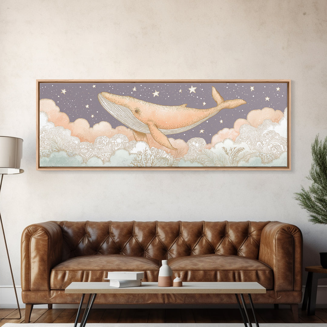 Baby Whale Swimming Through Stars Canvas Print, Nursery Decor, Textured Painting, Fine Art, Nursery, Bedroom Decor, Wall Decal, NDE-3x1-48