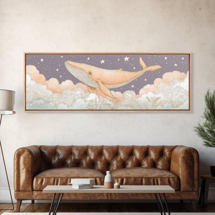 Baby Whale Swimming Through Stars Canvas Print, Nursery Decor, Textured Painting, Fine Art, Nursery, Bedroom Decor, Wall Decal, NDE-3x1-48