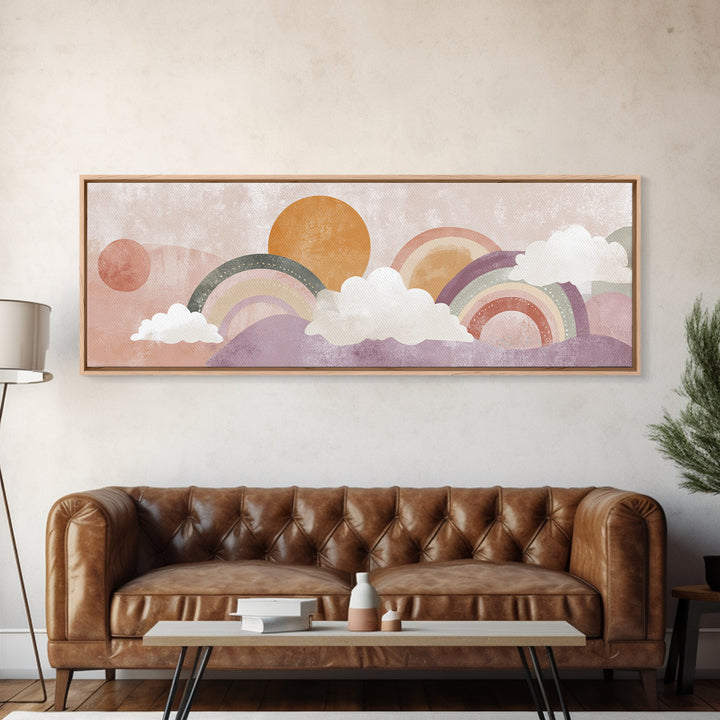 Neutral Boho Sun and Arch Shapes Framed Canvas Print, Nursery Decor, Framed Wall Art, Fine Art, Nursery, Safari Nursery Decor, NDE-3x1-51