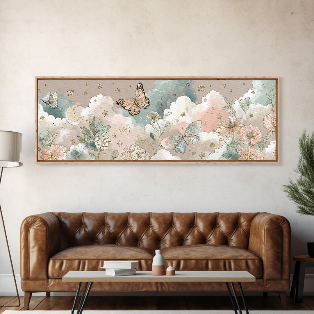 Pastel Butterfly and Wildflower Pattern Framed Canvas Print, Nursery Decor, Minimalist Decor, Oil Painting, Nursery, NDE-3x1-56