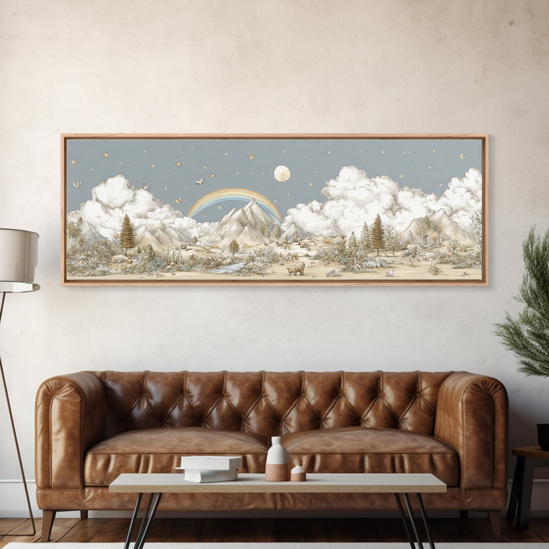 Calm Mountain Nursery Landscape Framed Canvas Print, Nursery Decor, Luxury Decor, Fine Art, Nursery, Nursery Wall Art, NDE-3x1-64