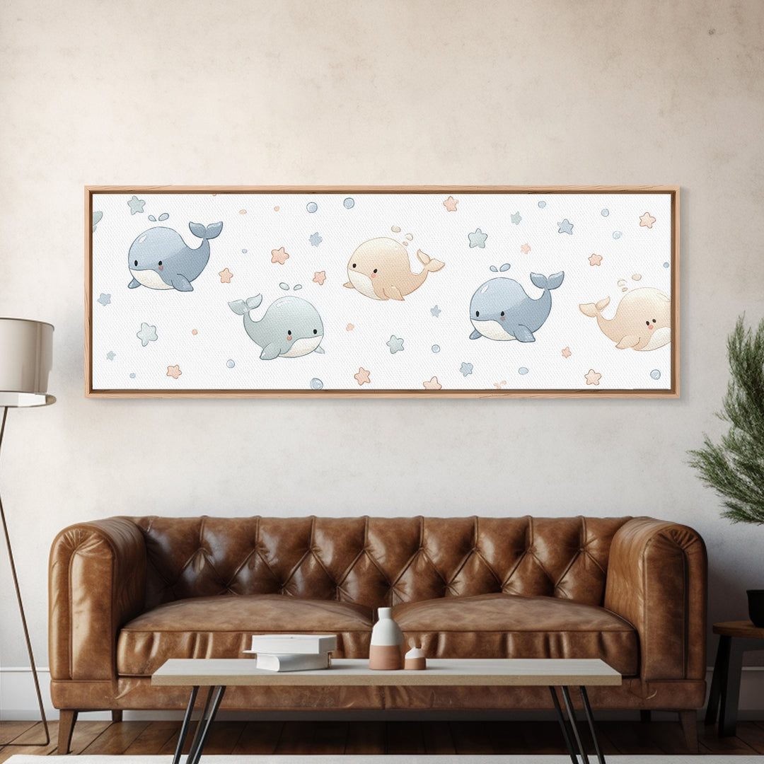 Baby Whale Swimming Through Stars Framed Canvas Print, Nursery Decor, Wall Decor, Fine Art, Nursery, Woodland Nursery Decor, NDE-3x1-72