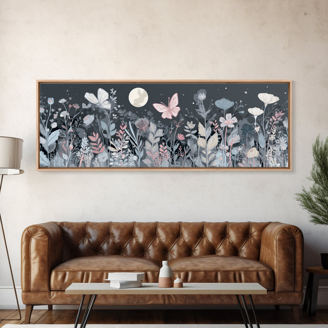 Pastel Butterfly and Wildflower Pattern Canvas Print, Nursery Decor, Watercolor Art, Nursery, Nursery Prints, NDE-3x1-80