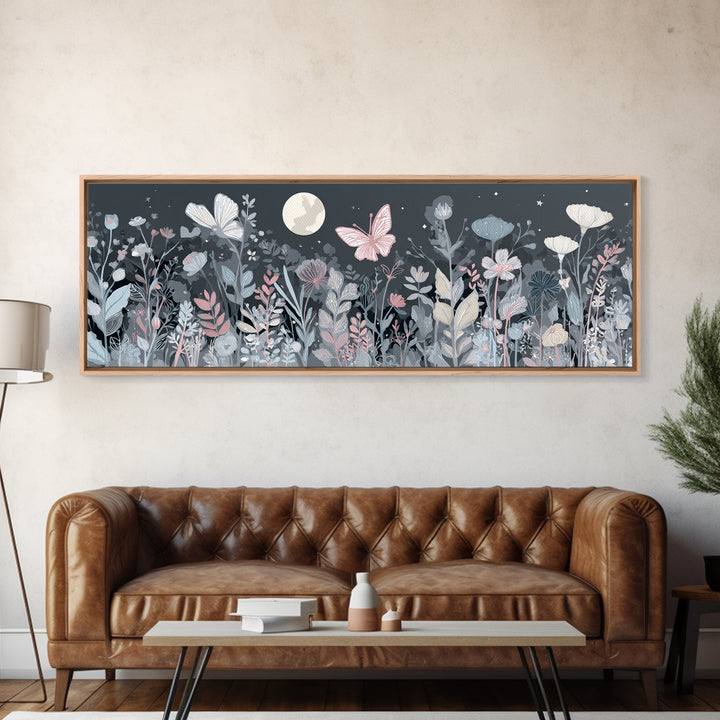 Pastel Butterfly and Wildflower Pattern Canvas Print, Nursery Decor, Watercolor Art, Nursery, Nursery Prints, NDE-3x1-80