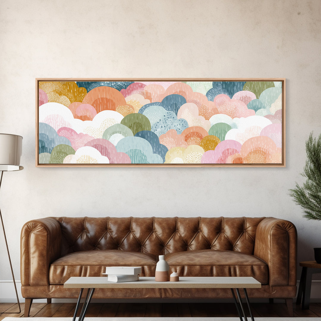 Cloud Rainbow and Raindrop Composition Framed Canvas Print, Nursery Decor, Canvas, Fine Art, Nursery, Playroom Decor, NDE-3x1-84